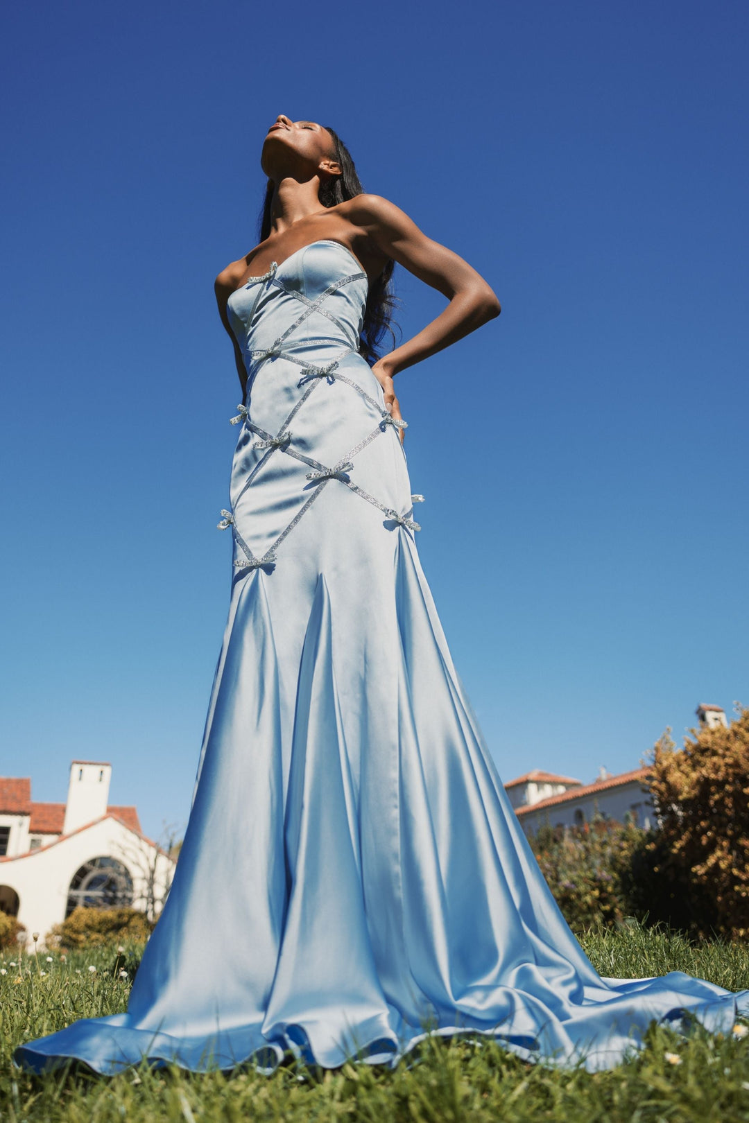 Mac Duggal - Blue Strapless Satin Trumpet Gown With Bow Details - Powder Blue Silver / US 4 Mac Duggal - Blue Strapless Satin Trumpet Gown With Bow Details - Powder Blue Silver / US 4
