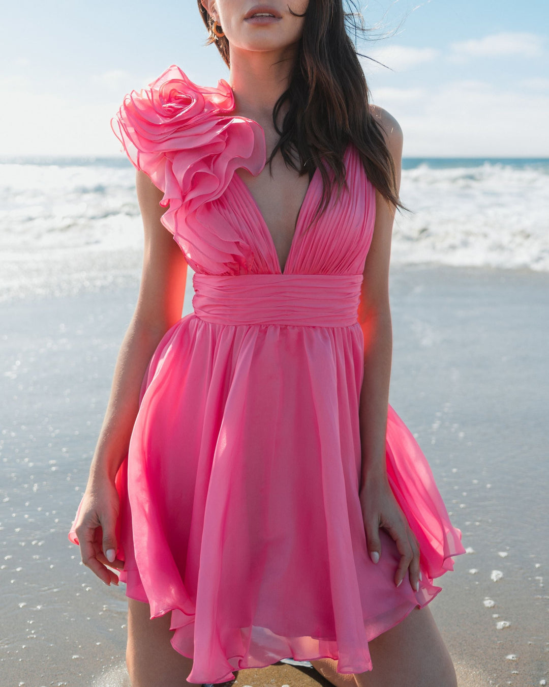mac duggal hot pink dress Pink Strapless Satin High Low Gown With 3D Flowers