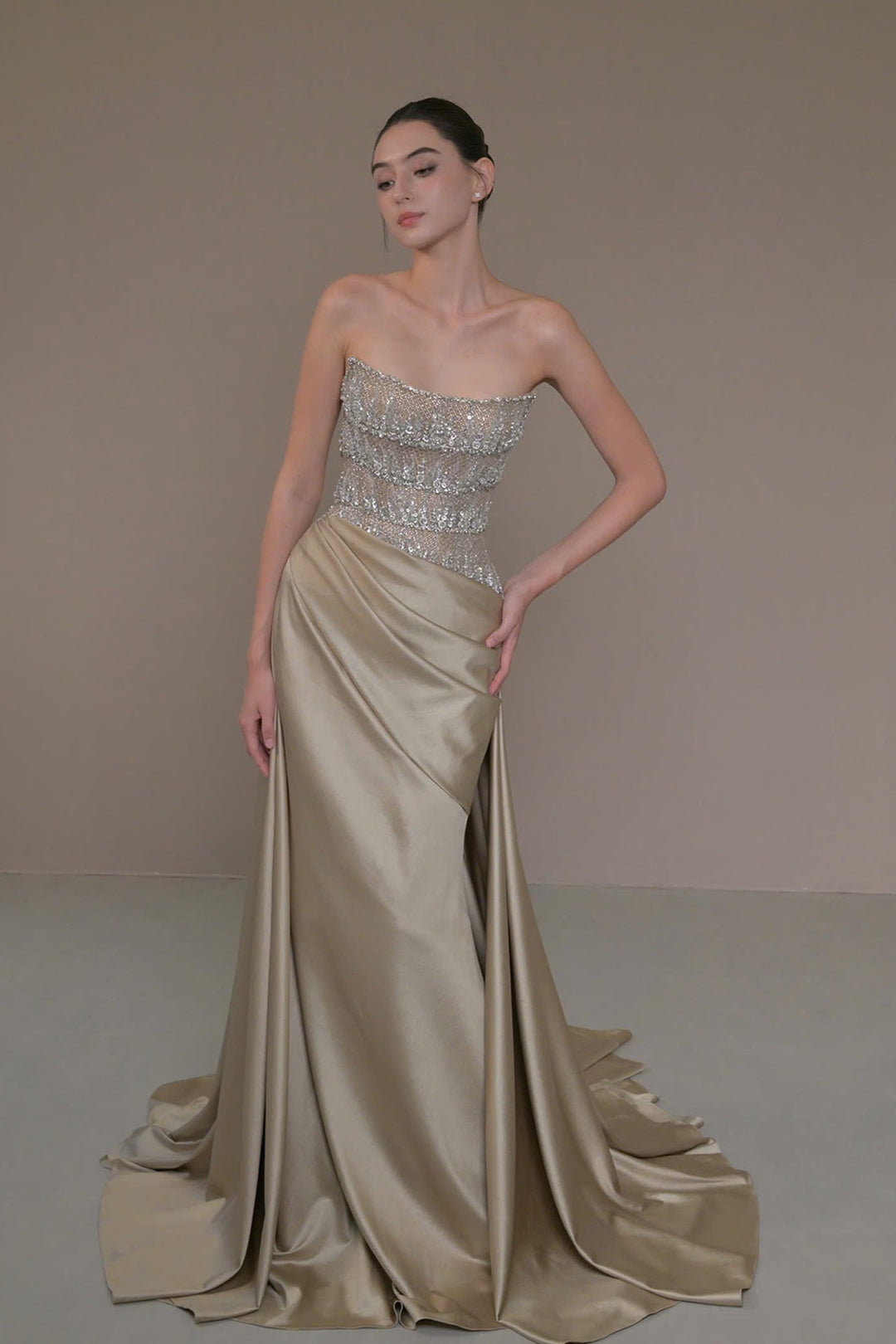 Linh Nga Couture LMBCT290 Strapless Beaded Bodice Dress Champagne / 14