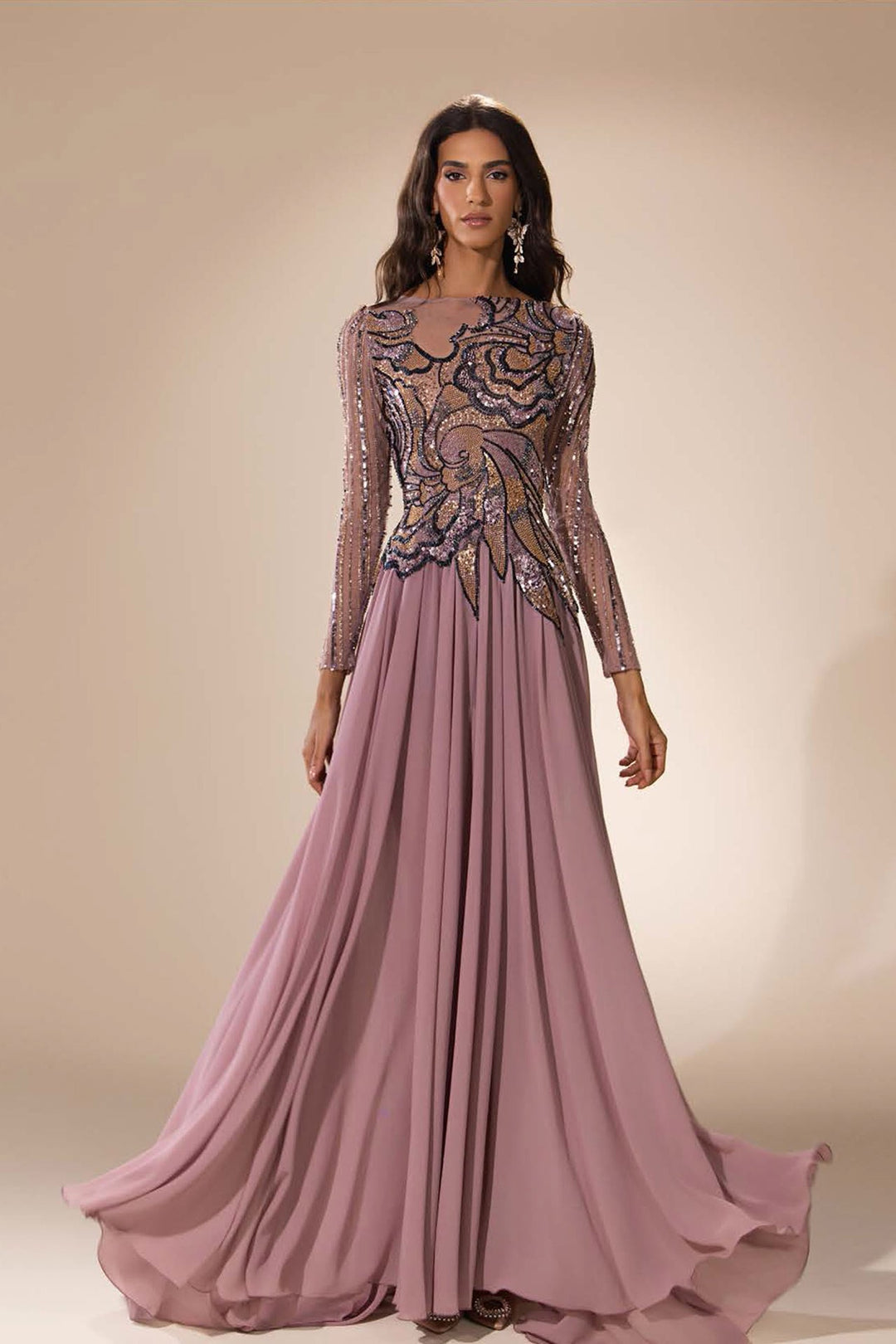 embellished a line dress GLS by Gloria GL3497 Bishop Sleeve Embellished A-Line Dress
