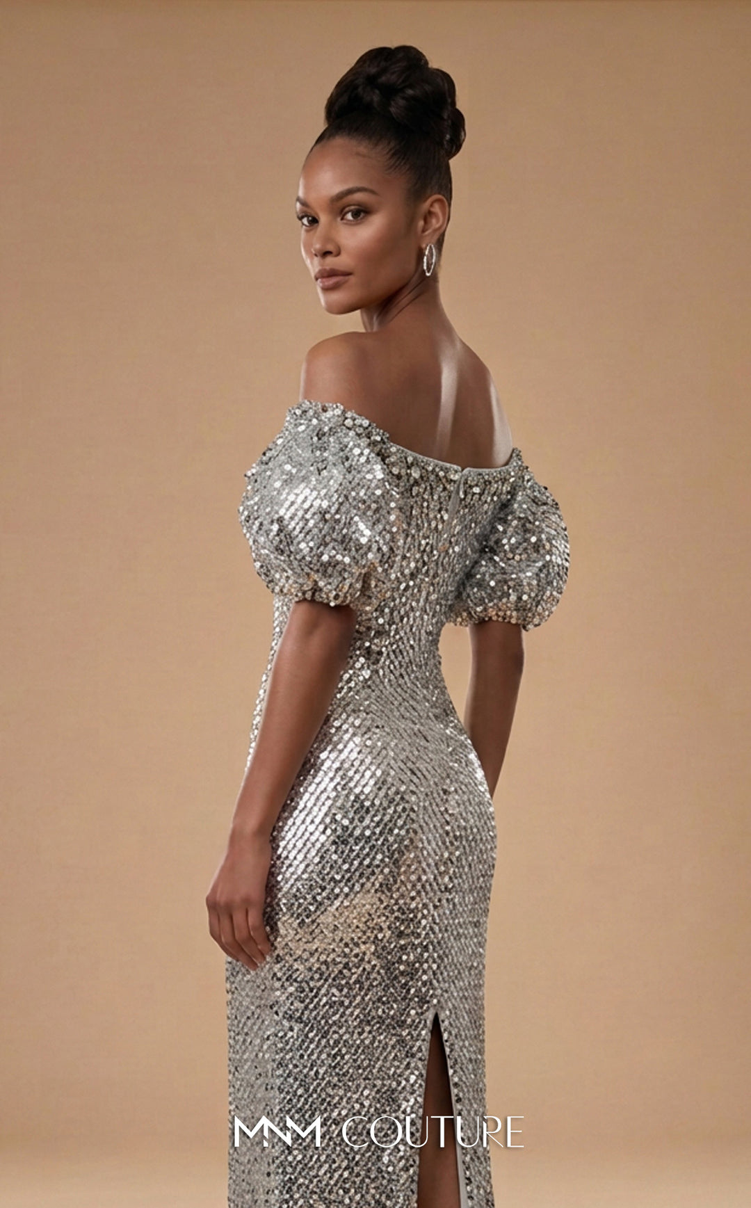 MNM Couture M1320 Off-the-Shoulder Puff Sleeve Sequin Column Evening Gown