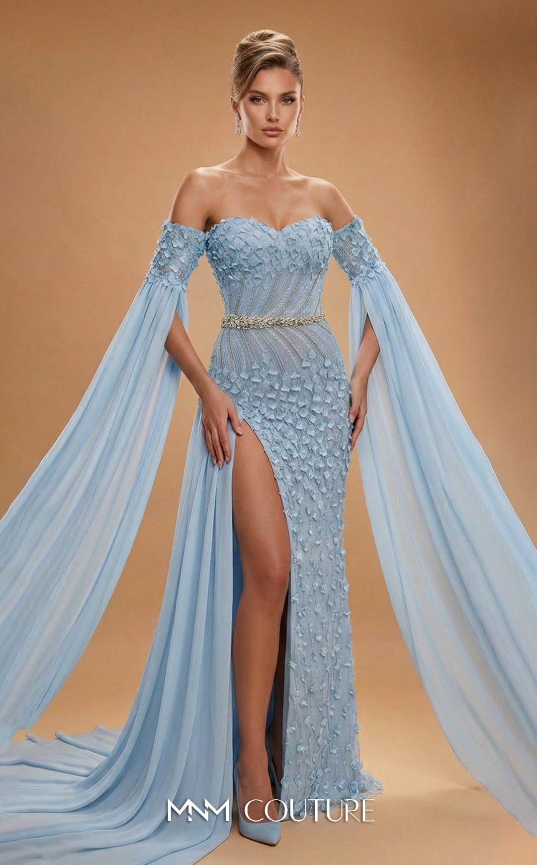 MNM Couture M1321 Off-the-Shoulder Cape Sleeve Column Evening Gown