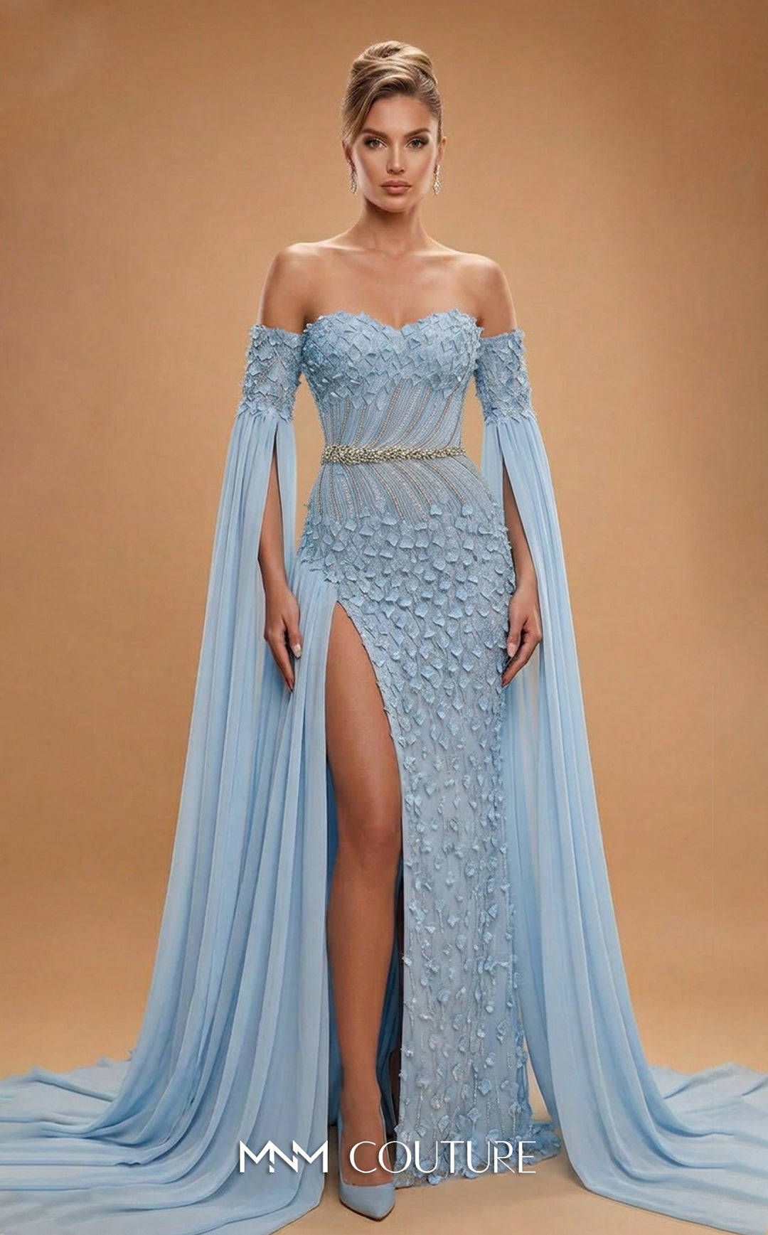 MNM Couture M1321 Off-the-Shoulder Cape Sleeve Column Evening Gown