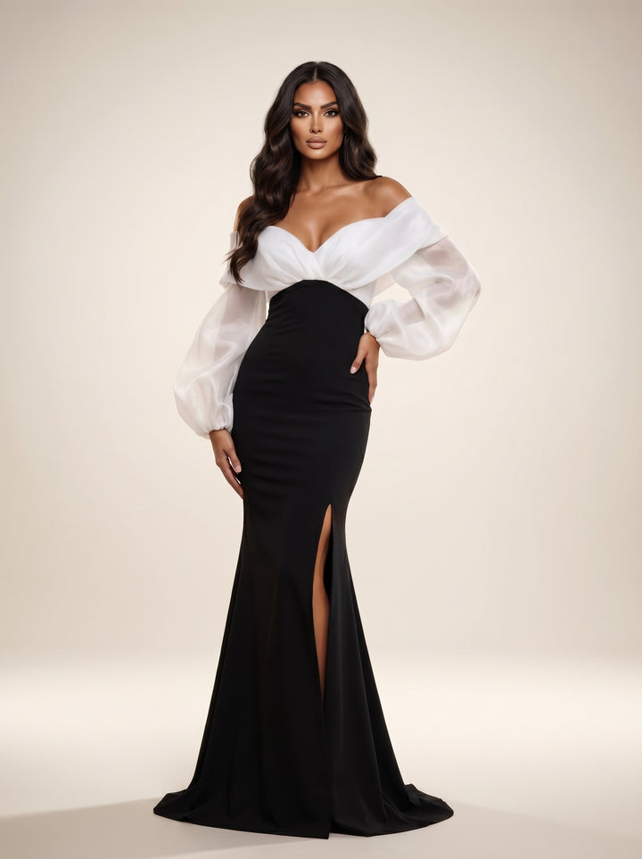 Modessa Couture M26703 Off-the-Shoulder Bishop Sleeve Slit Evening Dress - FOSTANI.com