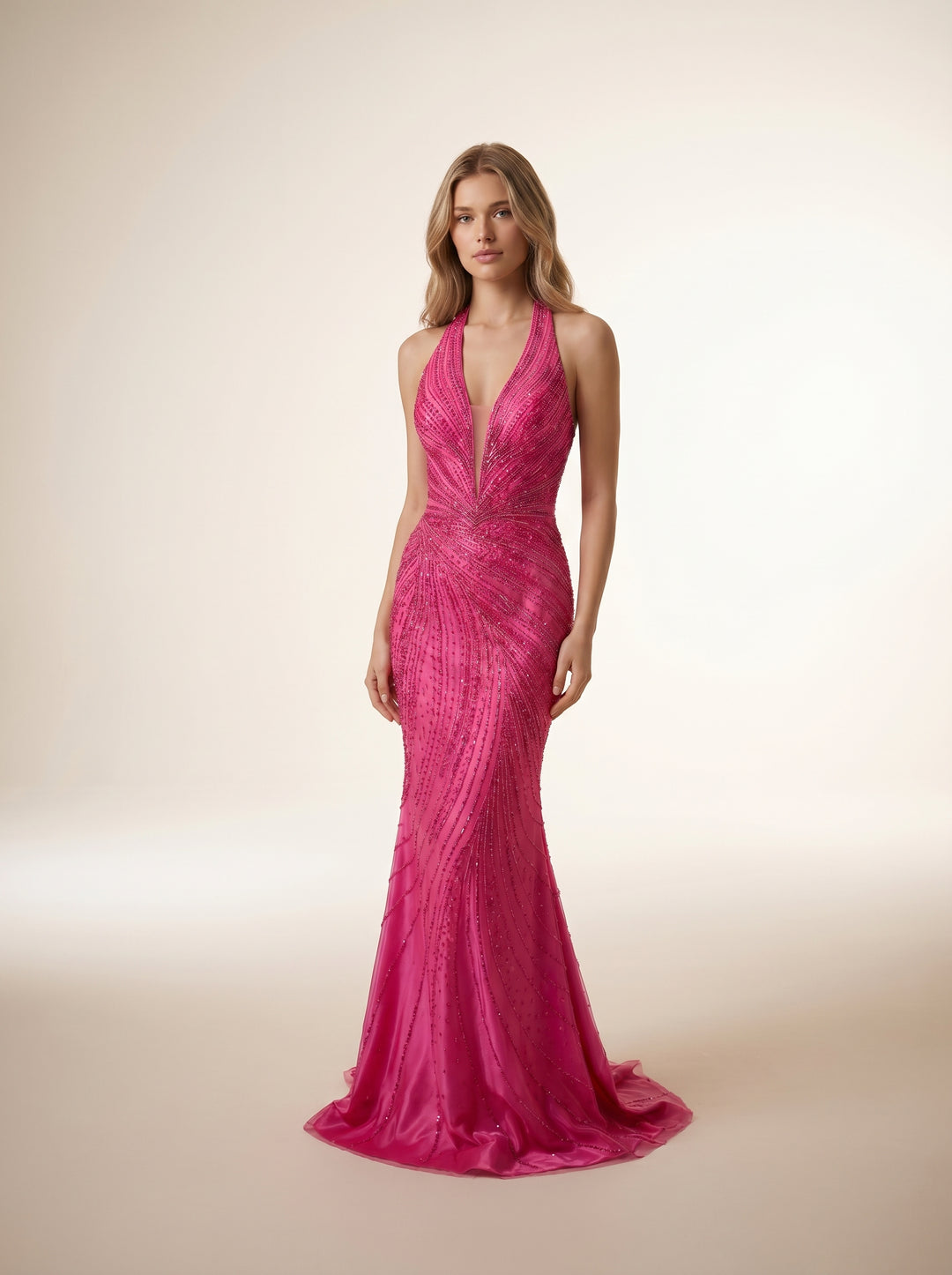 Modessa Couture MO26723 Plunging Halter Neckline Sleeveless Beaded Dress Fuchsia / 6