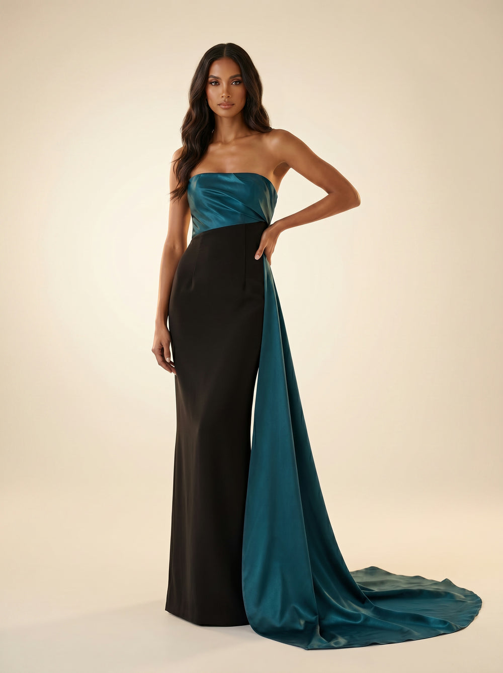 Modessa Couture MO26731 Strapless Asymmetrical Satin Side Slit Dress Black/Teal / 16