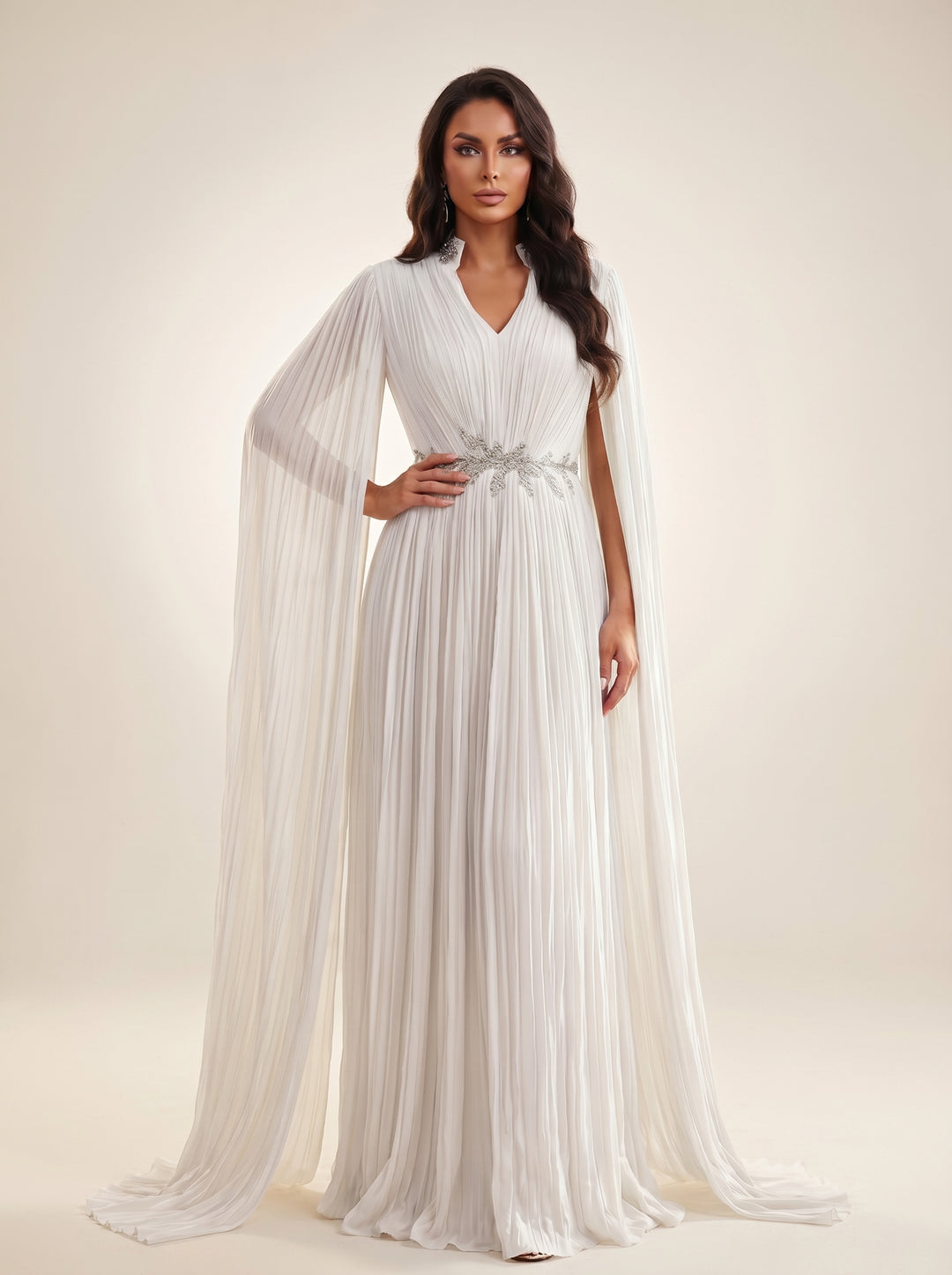 Modessa Couture M26736 V-Neckline Cape Sleeves Pleated Dress