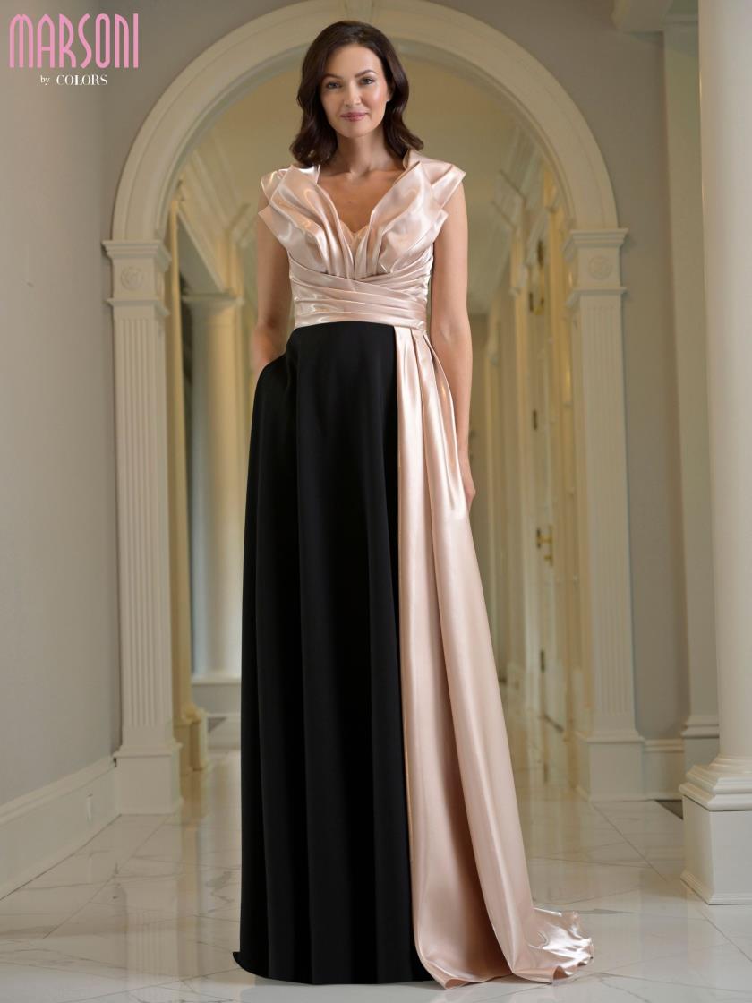 MARSONI BY COLORS M345 Plunging V-Neckline Sleeveless Ruched Mother of the Bride Dress Black CHAMPAGNE / 22