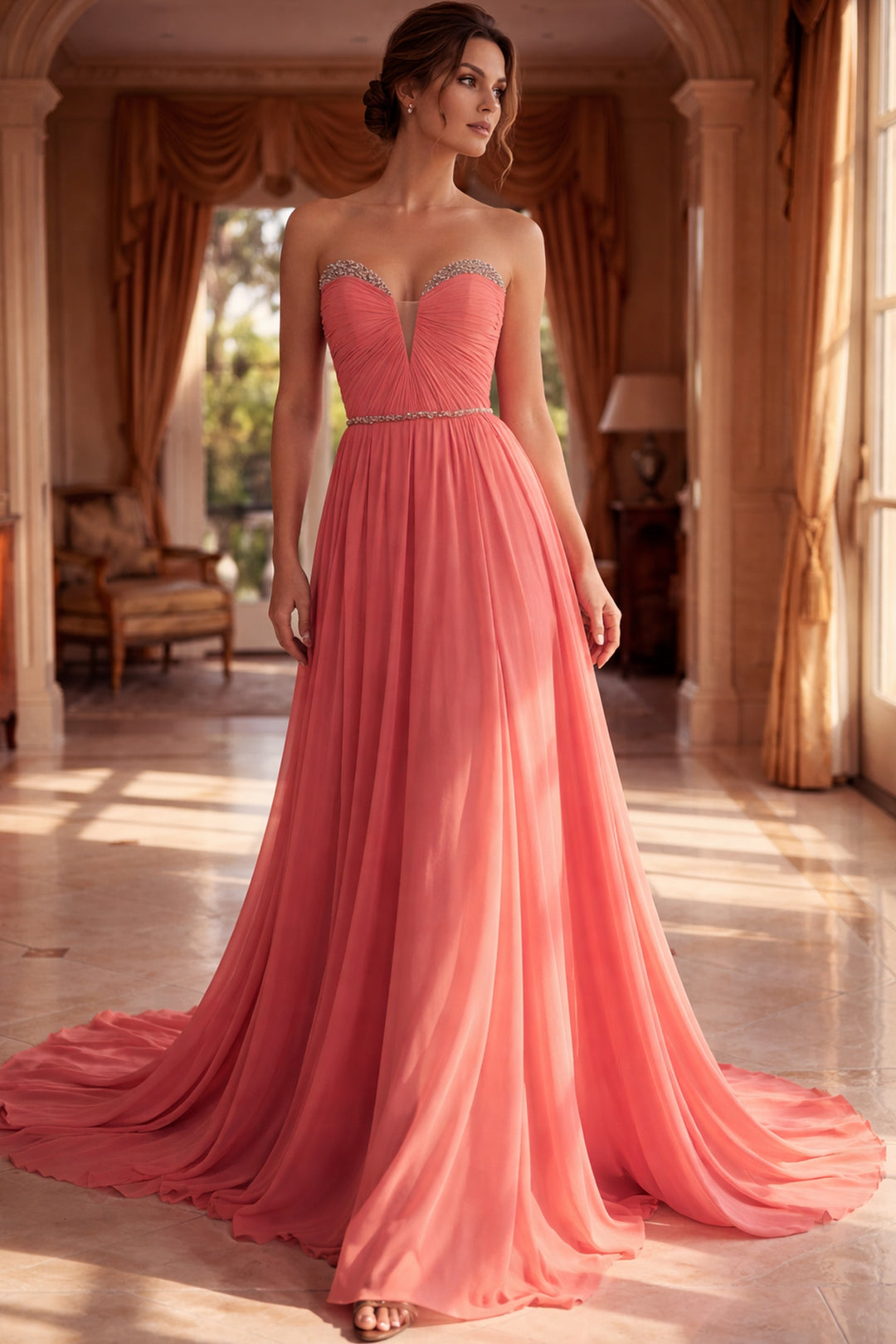 Jovani 49536 Strapless Coral Chiffon A-Line Gown - FOSTANI.com