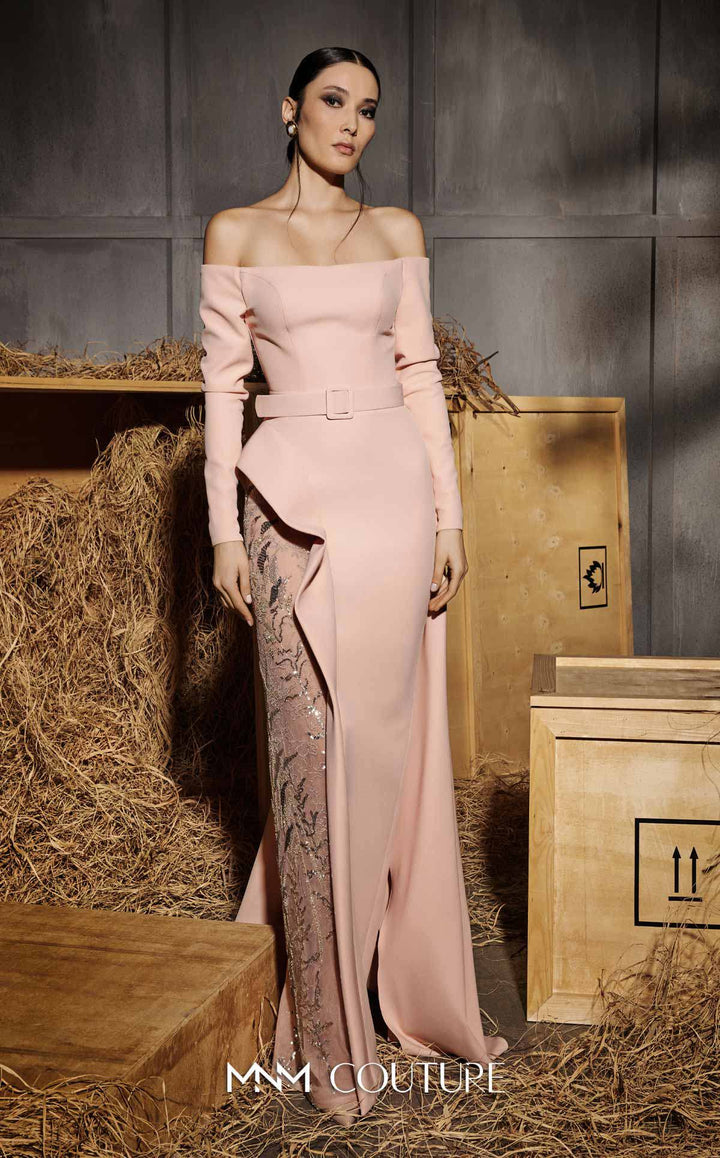 MNM Couture N0660 Off-the-Shoulder Long Sleeve Column Evening Gown with Detachable Overskirt