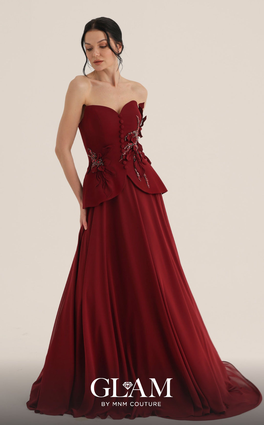 MNM Couture Style O07815: Crepe Corset and Chiffon A-Line Gown with Floral Embellishments - FOSTANI.com
