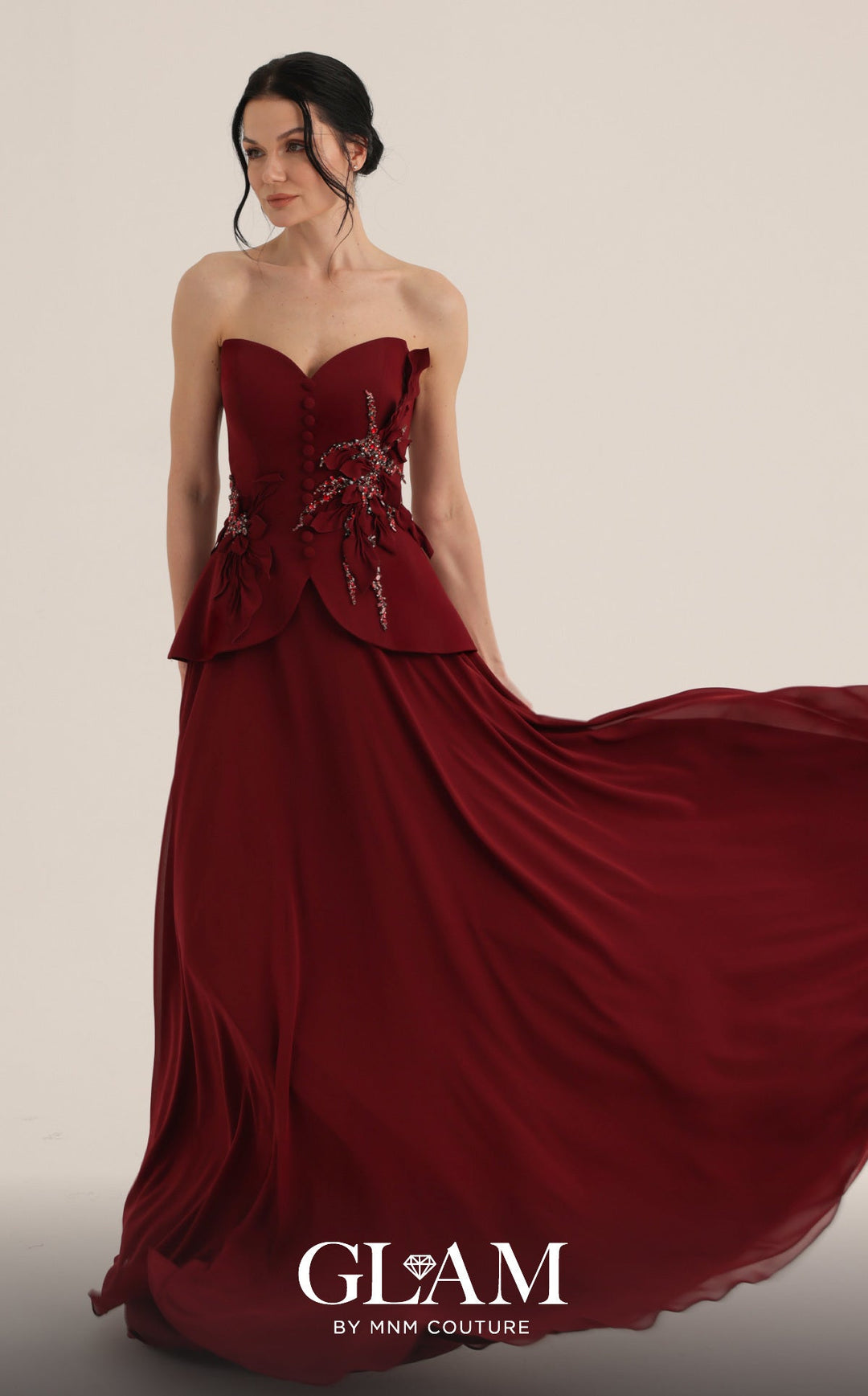 MNM Couture Style O07815: Crepe Corset and Chiffon A-Line Gown with Floral Embellishments - FOSTANI.com