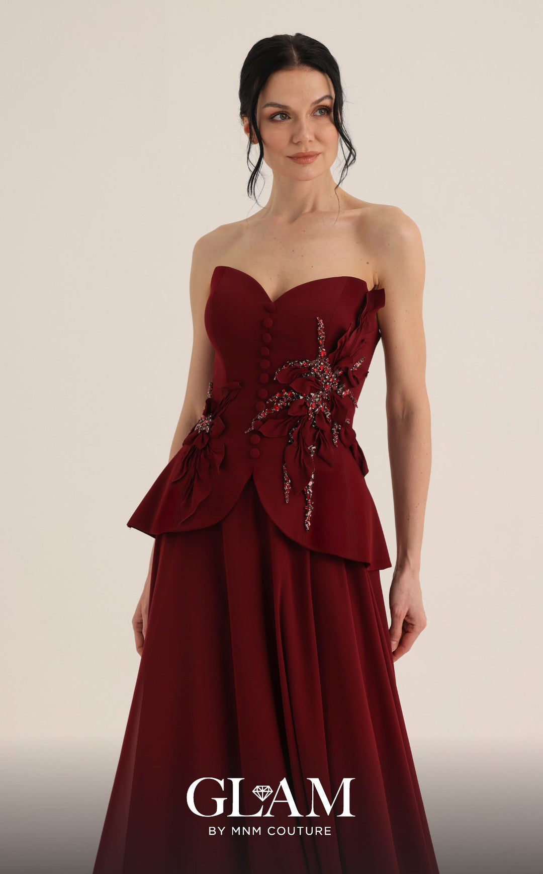 MNM Couture Style O07815: Crepe Corset and Chiffon A-Line Gown with Floral Embellishments - FOSTANI.com
