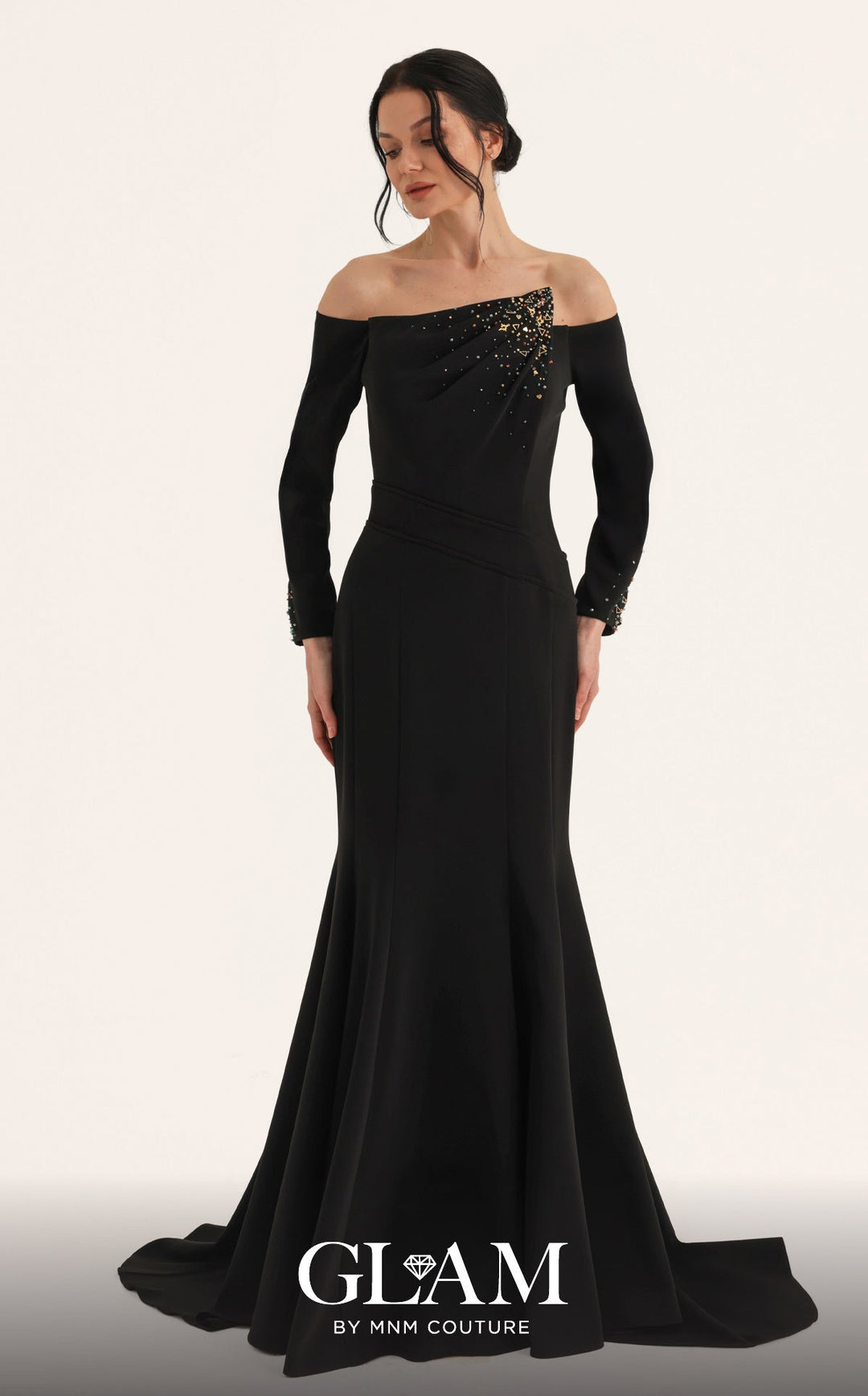 MNM Couture Style O07822: Elegant Crepe Fitted Mermaid Gown with Asymmetric Embellishment - FOSTANI.com