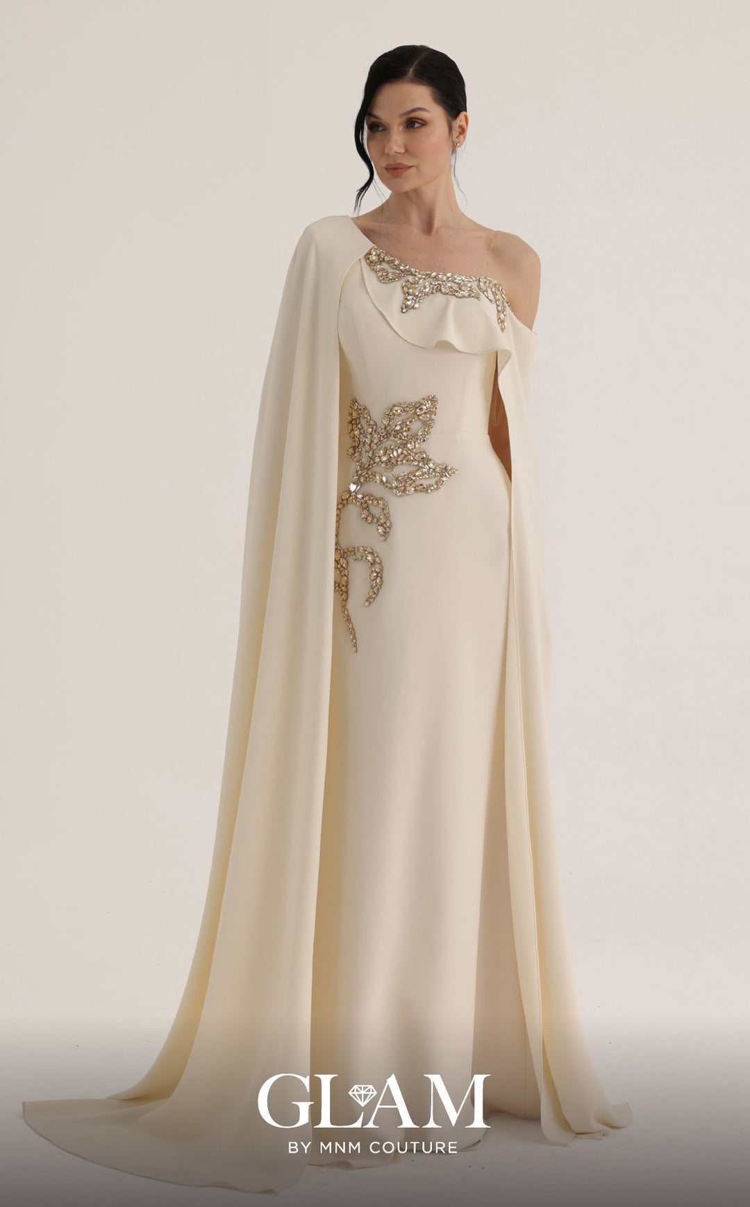 MNM Couture Style O07824: Exquisite Mermaid Crepe Gown with Cape, Crystal & Rhinestone Embellishments - FOSTANI.com