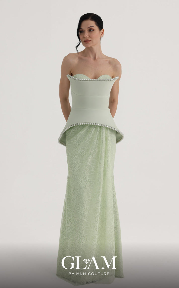 MNM Couture Style O07829: Luxurious Crepe and Lace A-Line Gown with Elegant Pearl Embellishments - FOSTANI.com