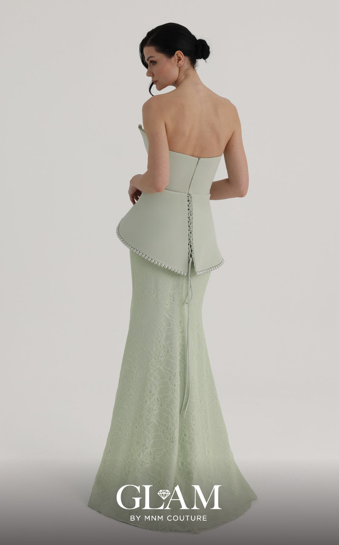 MNM Couture Style O07829: Luxurious Crepe and Lace A-Line Gown with Elegant Pearl Embellishments - FOSTANI.com