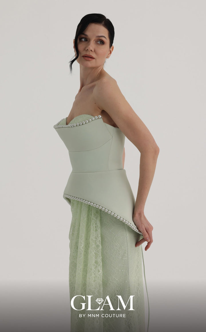 MNM Couture Style O07829: Luxurious Crepe and Lace A-Line Gown with Elegant Pearl Embellishments - FOSTANI.com