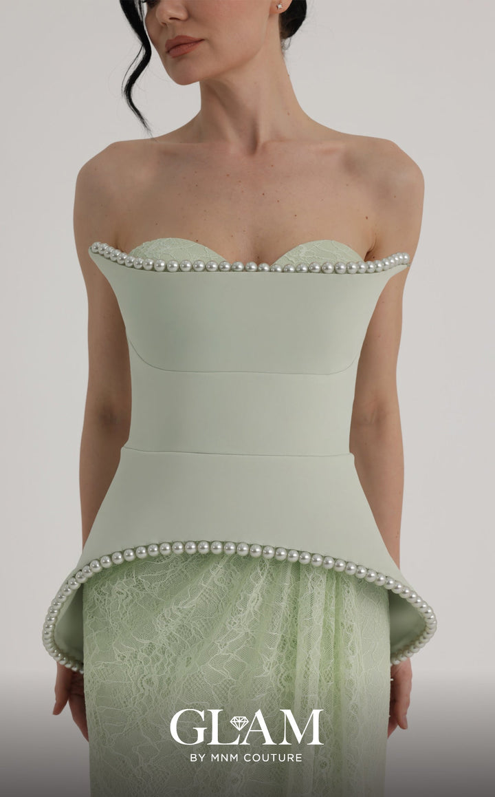 MNM Couture Style O07829: Luxurious Crepe and Lace A-Line Gown with Elegant Pearl Embellishments - FOSTANI.com
