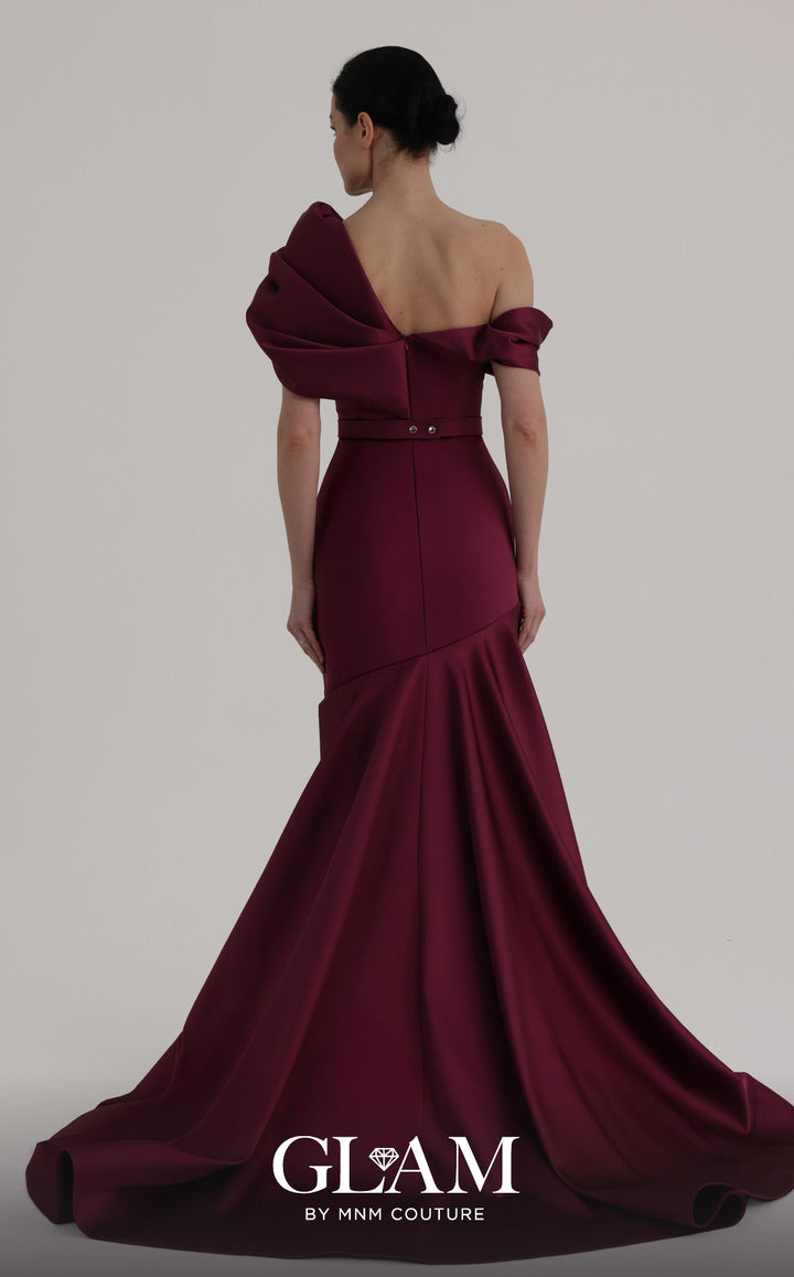 MNM Couture Style O07841: One-Shoulder Mermaid Gown with Asymmetric Satin Train - FOSTANI.com