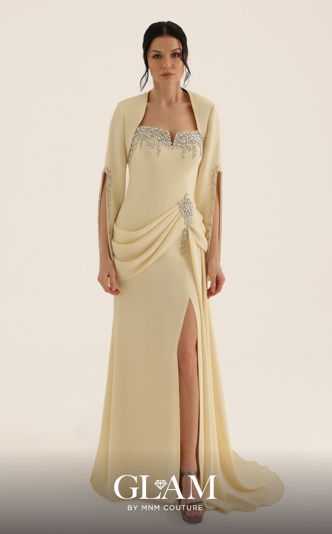 MNM Couture Style O07851: Strapless Crepe Gown with Drape, Rhinestone Bolero & Pendant - FOSTANI.com