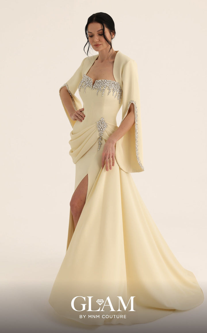 MNM Couture Style O07851: Strapless Crepe Gown with Drape, Rhinestone Bolero & Pendant - FOSTANI.com
