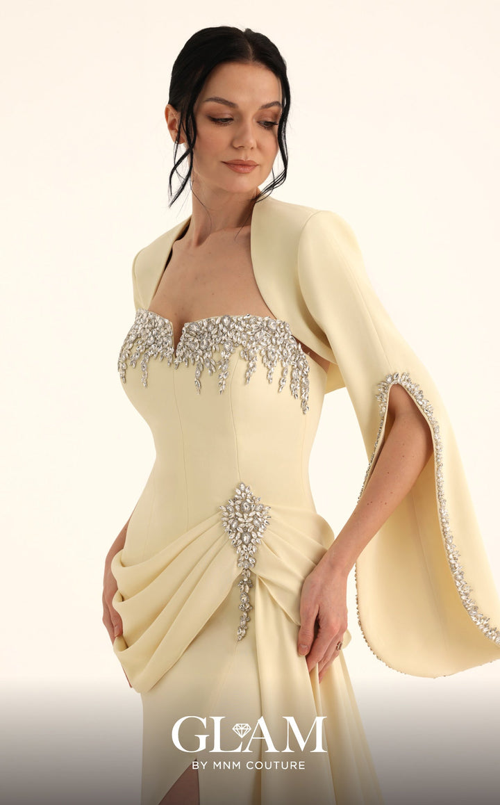 MNM Couture Style O07851: Strapless Crepe Gown with Drape, Rhinestone Bolero & Pendant - FOSTANI.com