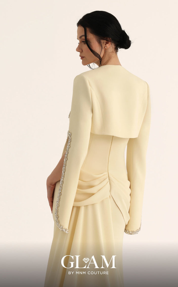 MNM Couture Style O07851: Strapless Crepe Gown with Drape, Rhinestone Bolero & Pendant - FOSTANI.com