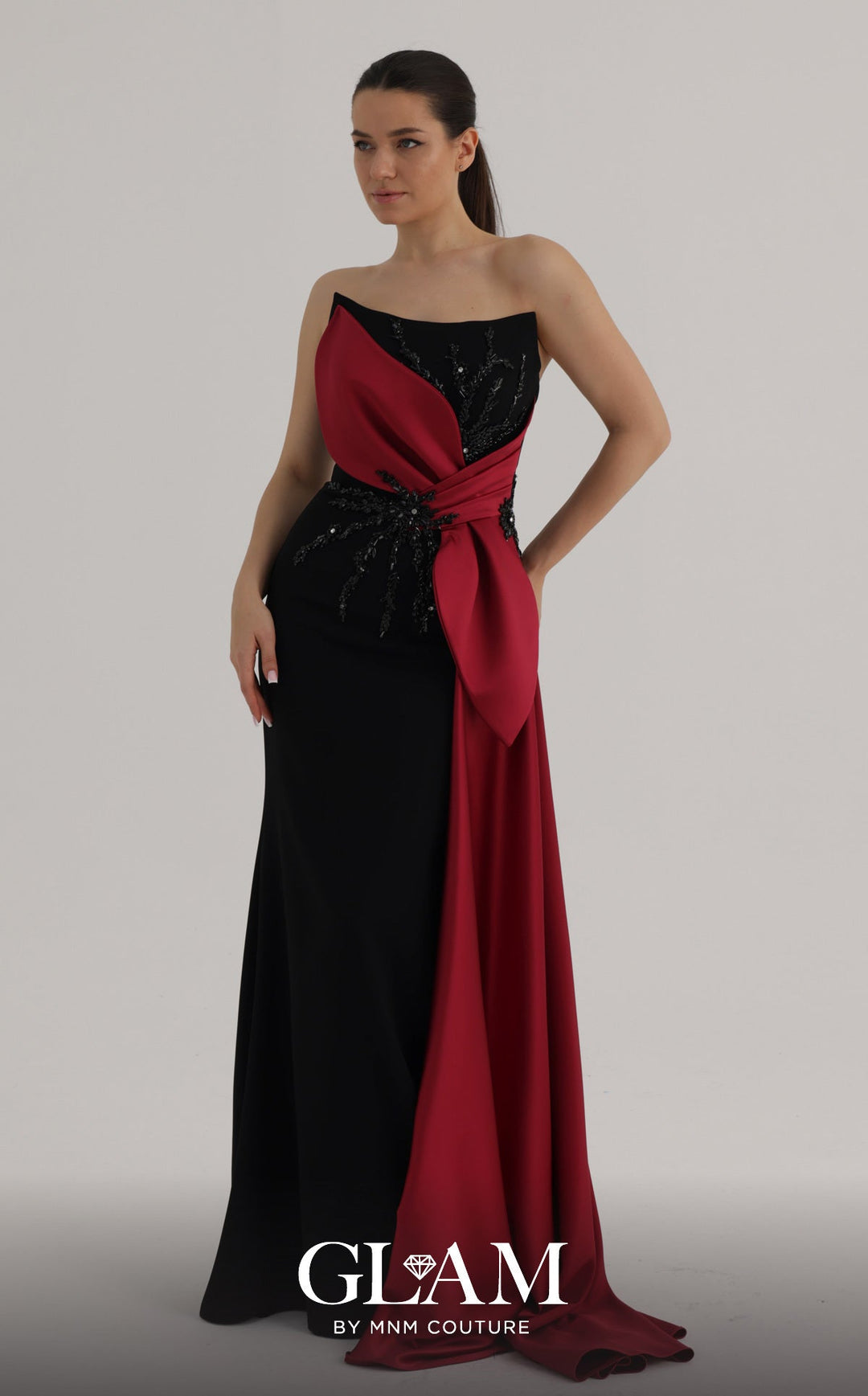 mnm couture red dress MNM Couture N0702 Elegant Couture Evening Gown with Sweetheart Neckline and Bow Back Red / 10