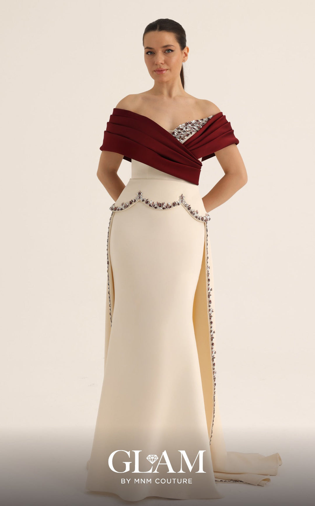 MNM Couture Style O07865: Off-the-Shoulder Column Gown with Crystal Embellishments | FOSTANI MNM Couture Style O07865: Off-the-Shoulder Column Gown with Crystal Embellishments | FOSTANI