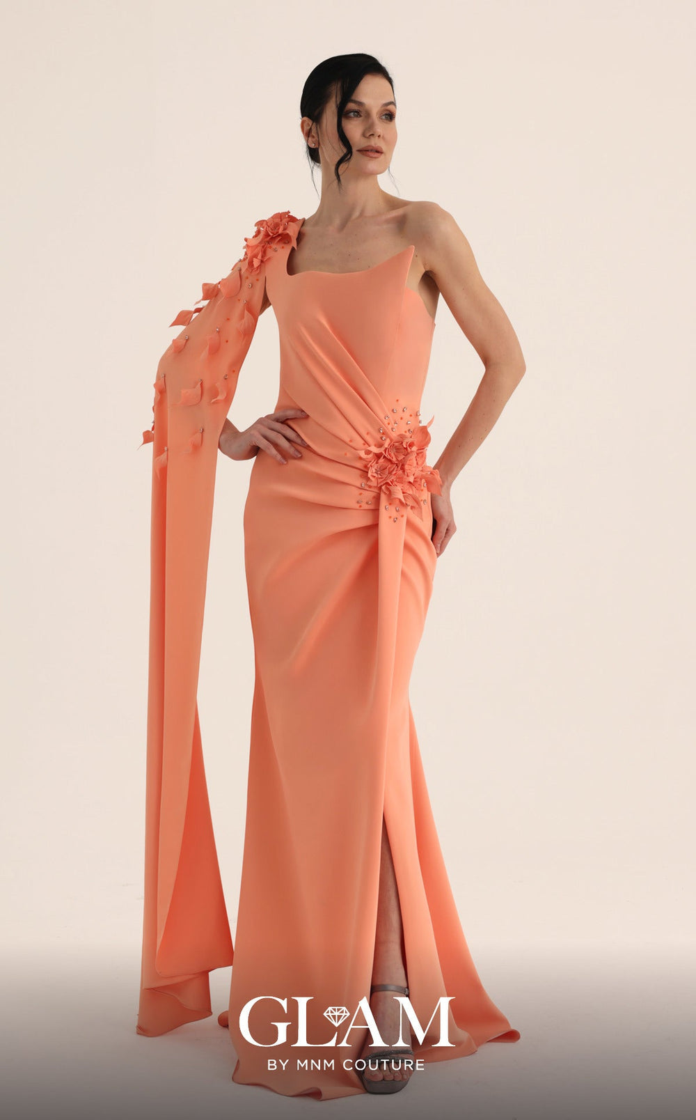 MNM Couture Style O07883: Asymmetric Cap Sleeve Gown with Floral Embellishments - FOSTANI.com