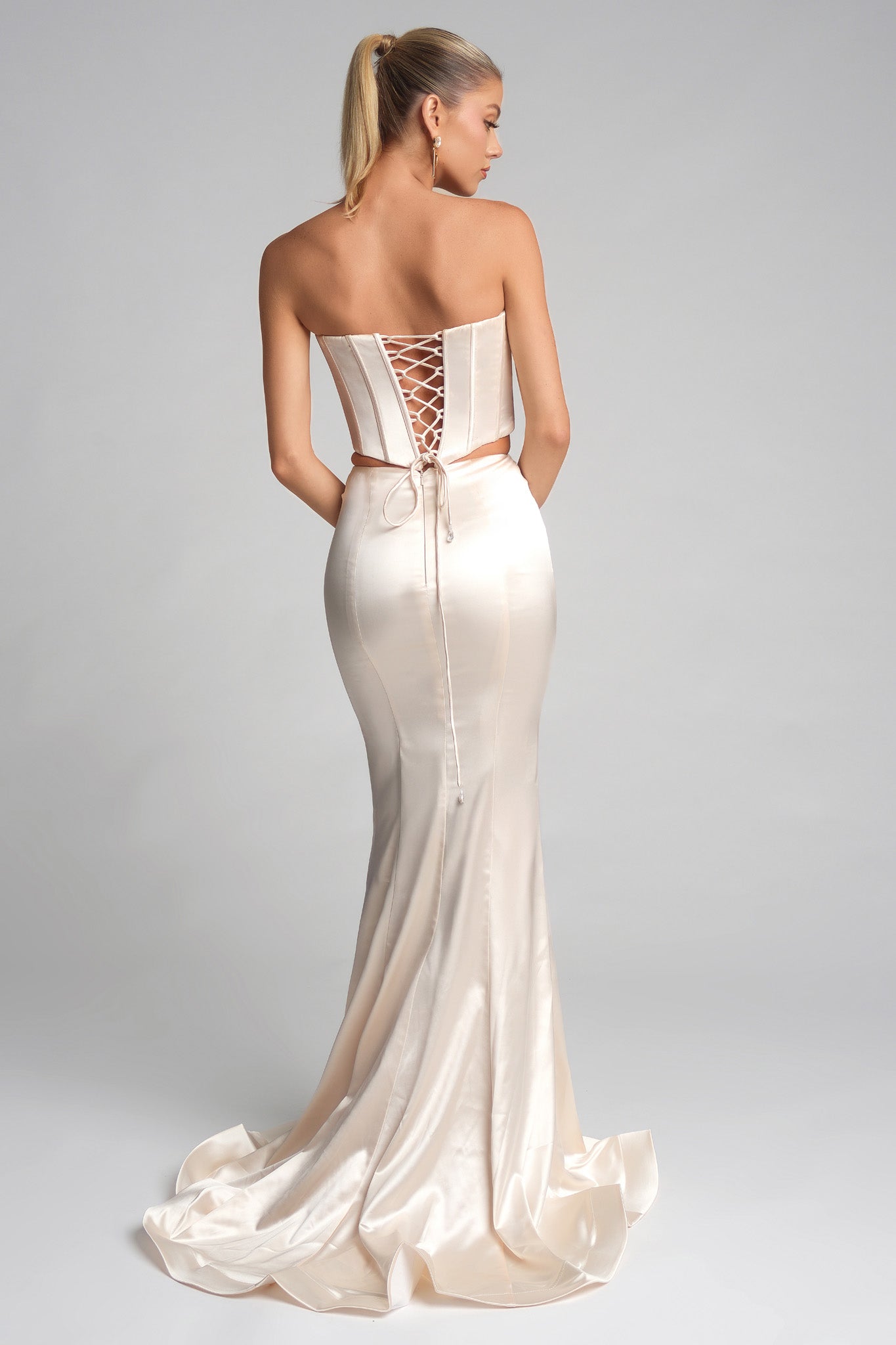 beige two piece prom dress Two-piece Ivory Glitter Flounced Tulle Prom Gown