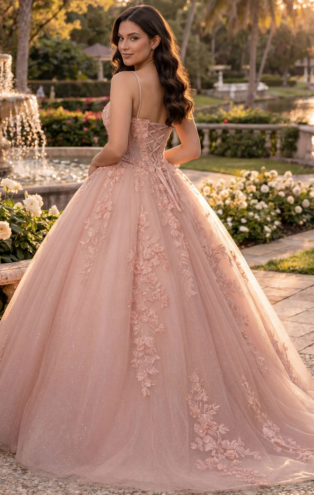 white and gold quinceanera dresses JovaniQ43431 Rose Gold Quinceañera Dress with Floral Appliques