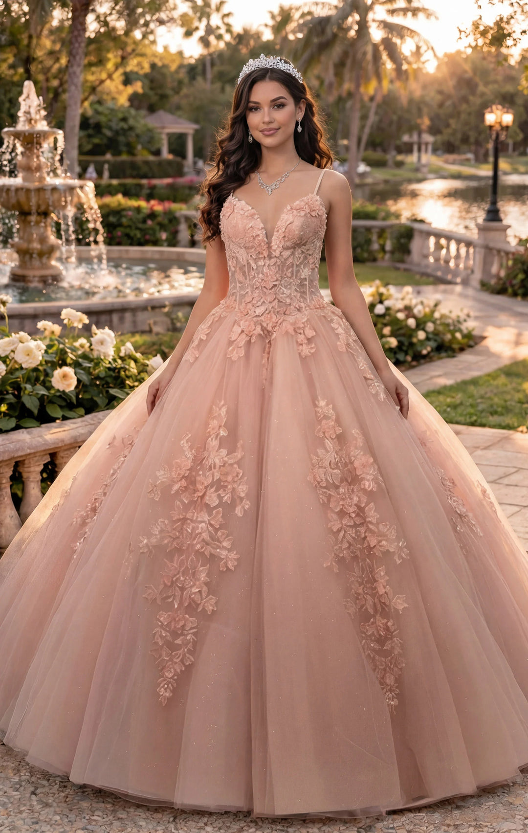 rose gold quinceanera dresses JovaniQ43431 Rose Gold Quinceañera Dress with Floral Appliques
