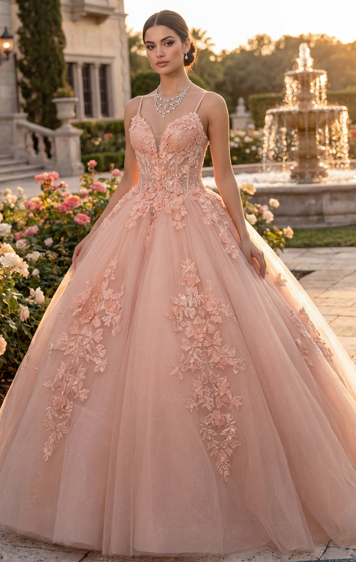 JovaniQ43431 Rose Gold Quinceañera Dress with Floral Appliques