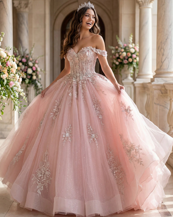 Jovani Q43434 Off Shoulder Ball Gown with Lace Appliqués