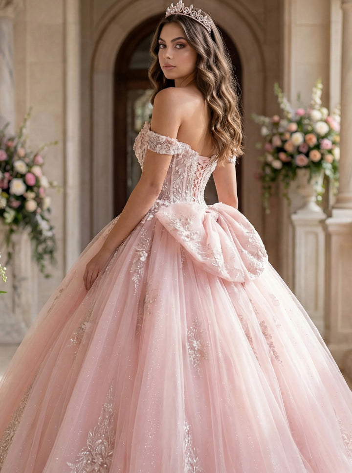 Jovani Q43434 Off Shoulder Ball Gown with Lace Appliqués