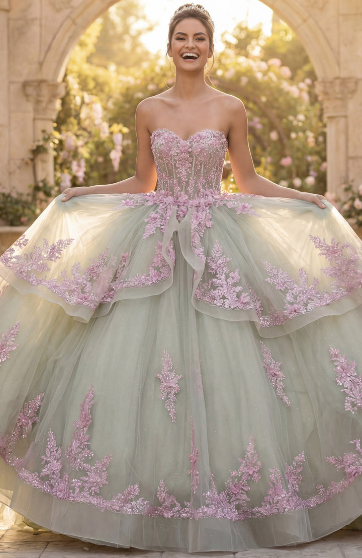 Jovani Q45685 Layered Green Ball Gown with Pink Floral Appliqués