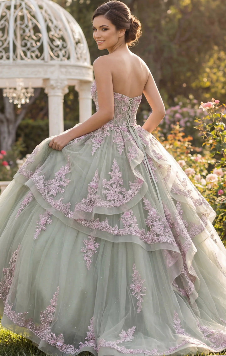 Jovani Q45685 Layered Green Ball Gown with Pink Floral Appliqués