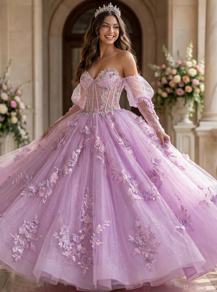Jovani Q46664 Lavender Ball Gown with Sheer Corset and Floral Lace