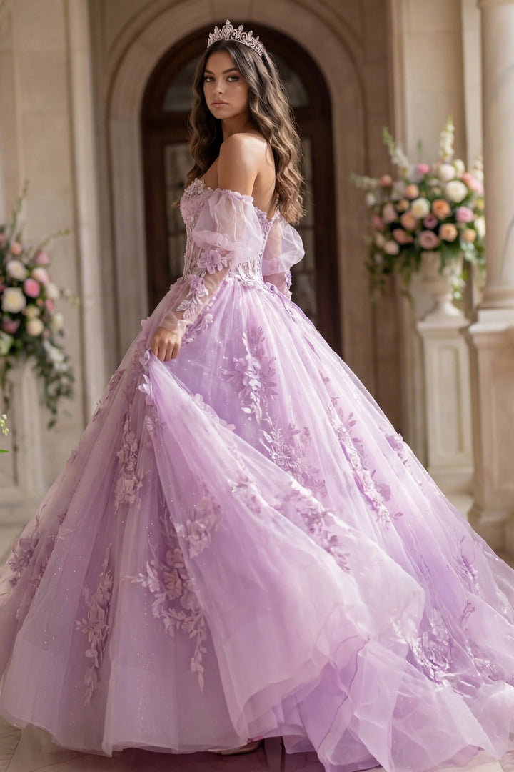 Jovani Q46664 Lavender Ball Gown with Sheer Corset and Floral Lace
