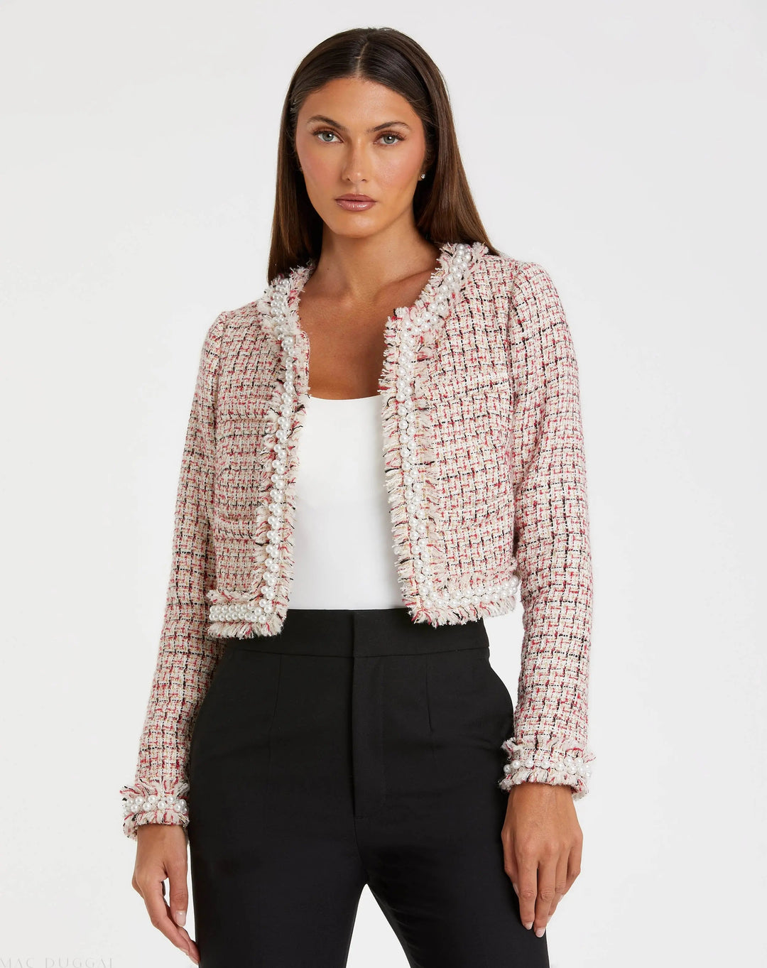 Mac Duggal R20801 Pearl Trim Long Sleeve Cropped Jacket