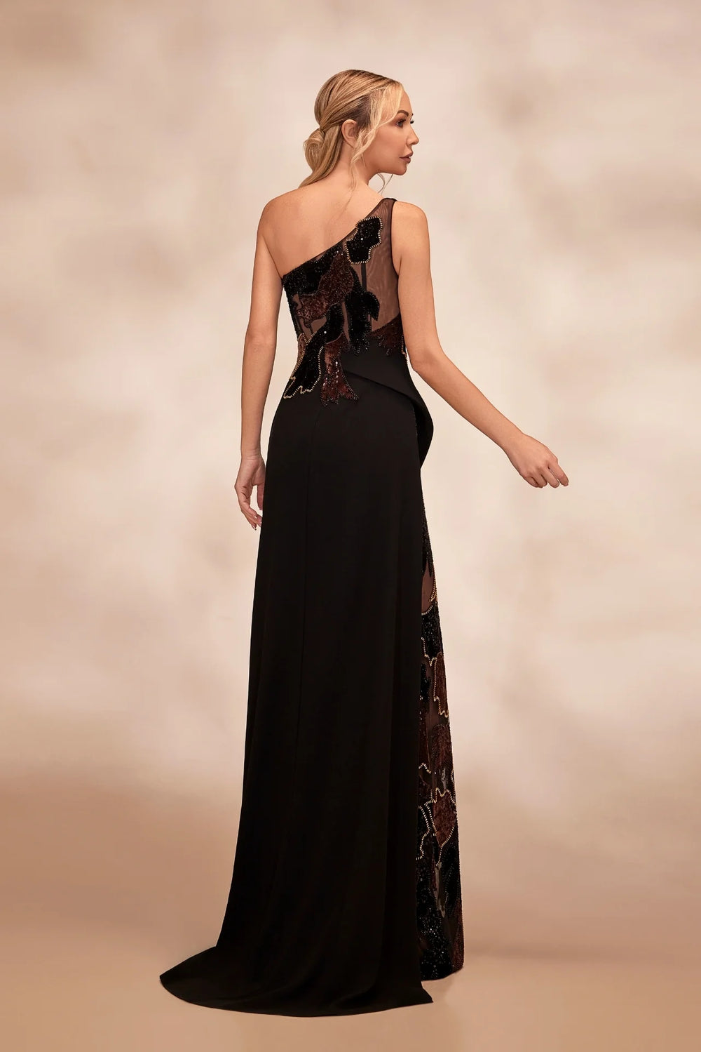 RTW10- One-shoulder black crepe dress features an embroidered velvet side waist - FOSTANI.com
