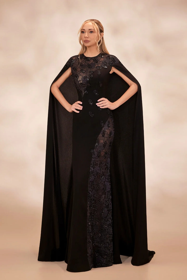 RTW11- Black column dress with floral lace and beaded bodice - FOSTANI.com