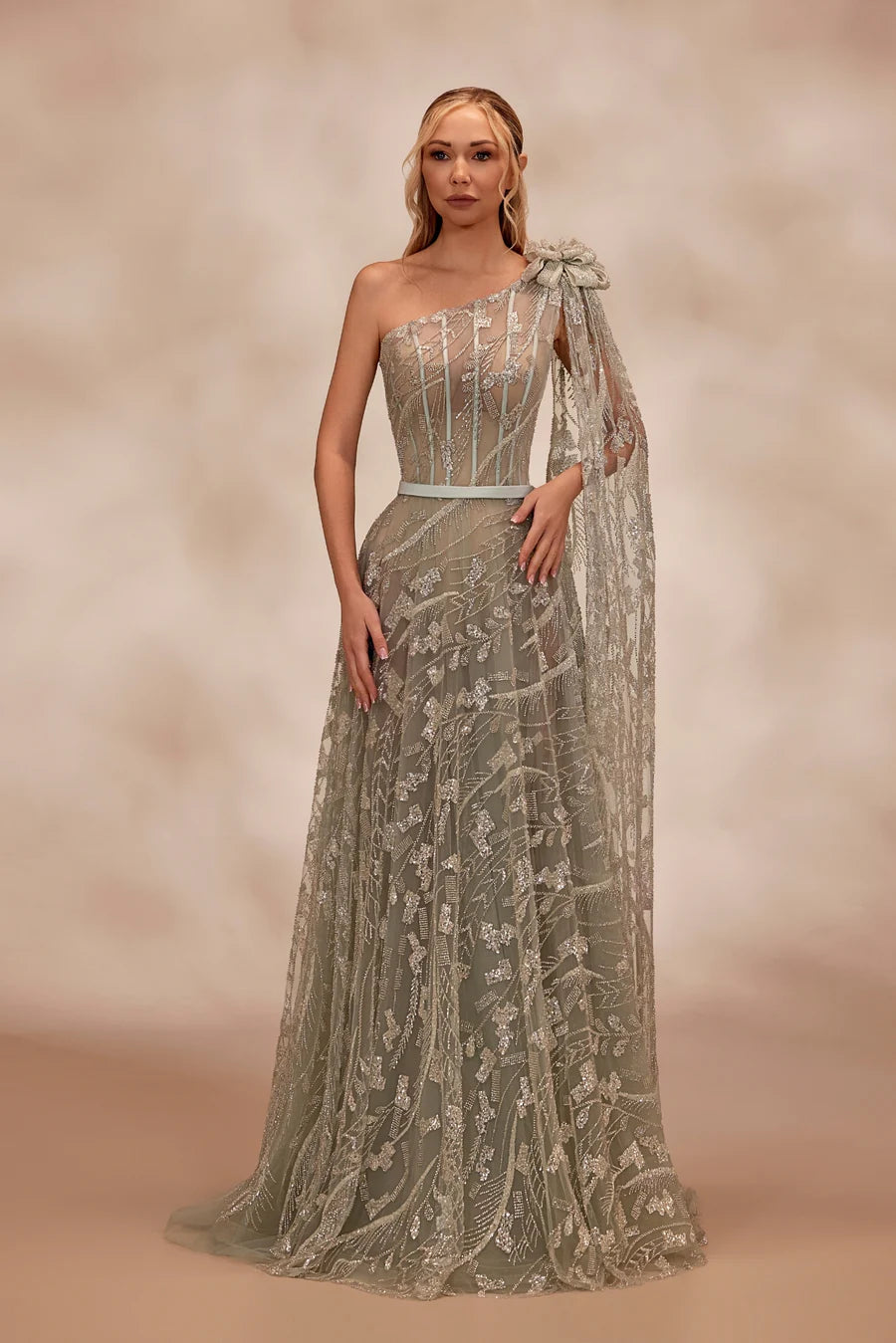 RTW14- One-shoulder light green dress fully beaded - FOSTANI.com