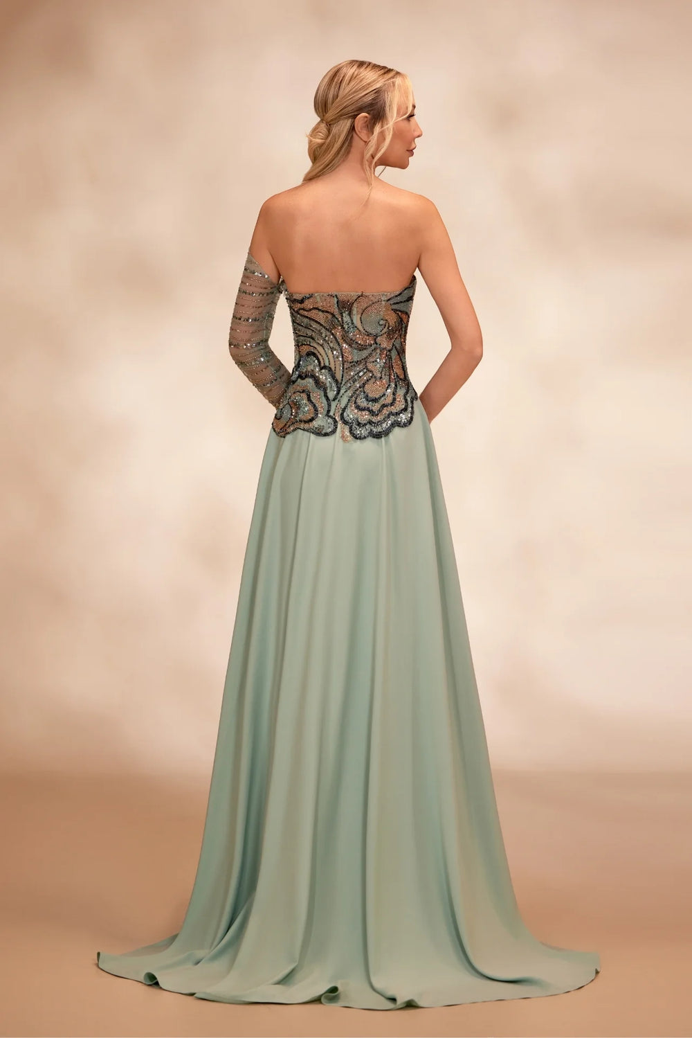 RTW15- Light green dress featuring an asymmetrical neckline with one beaded sleeve - FOSTANI.com