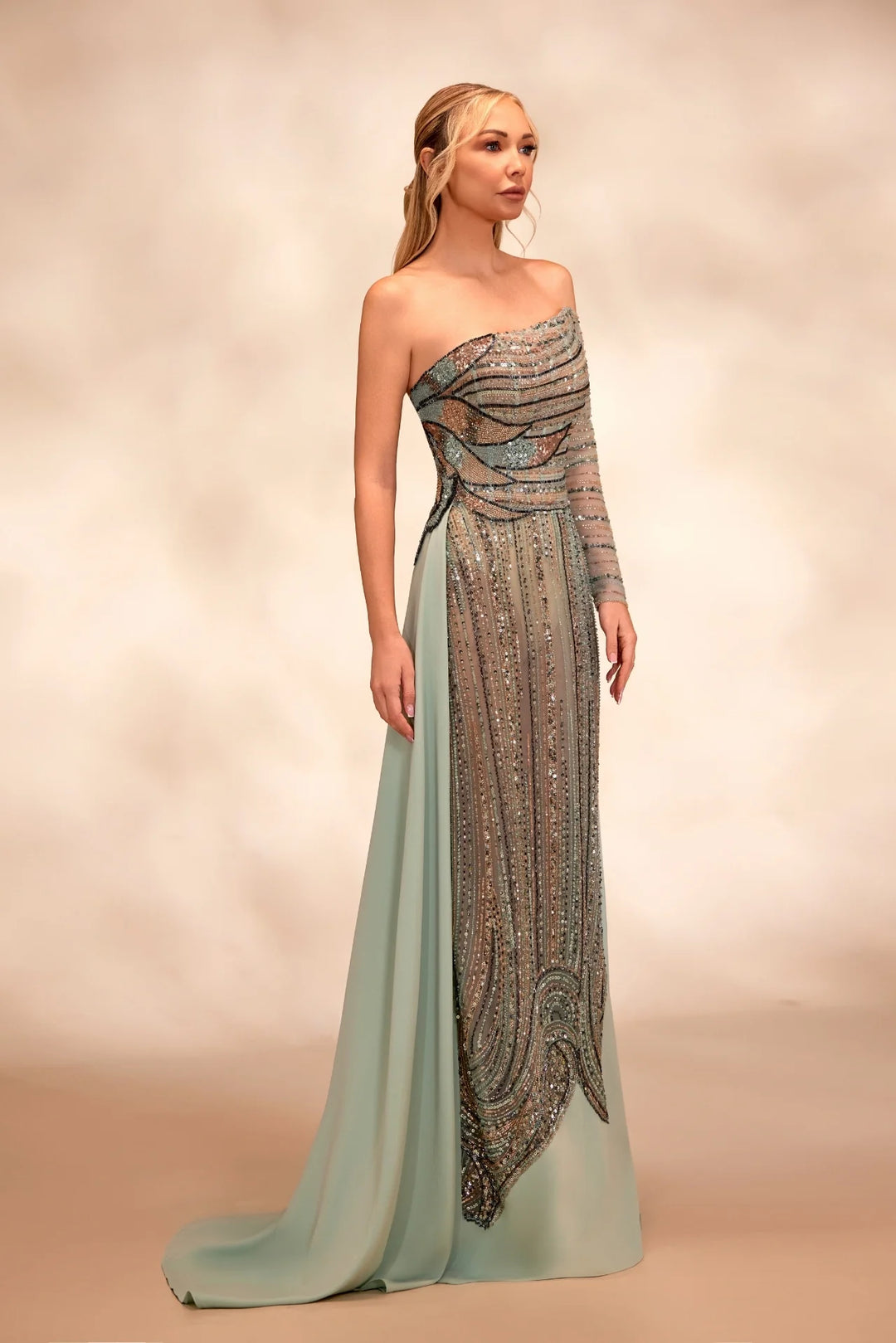 nude dress formal Reverie Couture RTW15 Nude dress with a plunging V-neckline with multicolor beading Light Green / 18