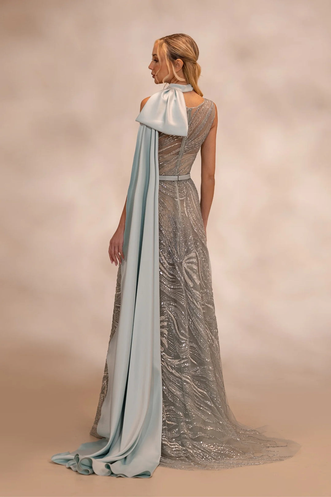 fitted embroidered dress Poly USA 9318 Fitted Embroidered Short Sleeve Gown