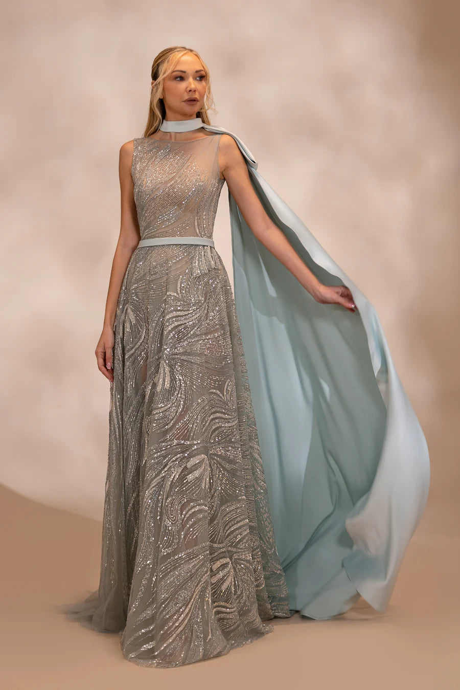 Reverie Couture RTW26- Nude dress with a plunging V-neckline with multicolor beading | FOSTANI Reverie Couture RTW26- Nude dress with a plunging V-neckline with multicolor beading | FOSTANI