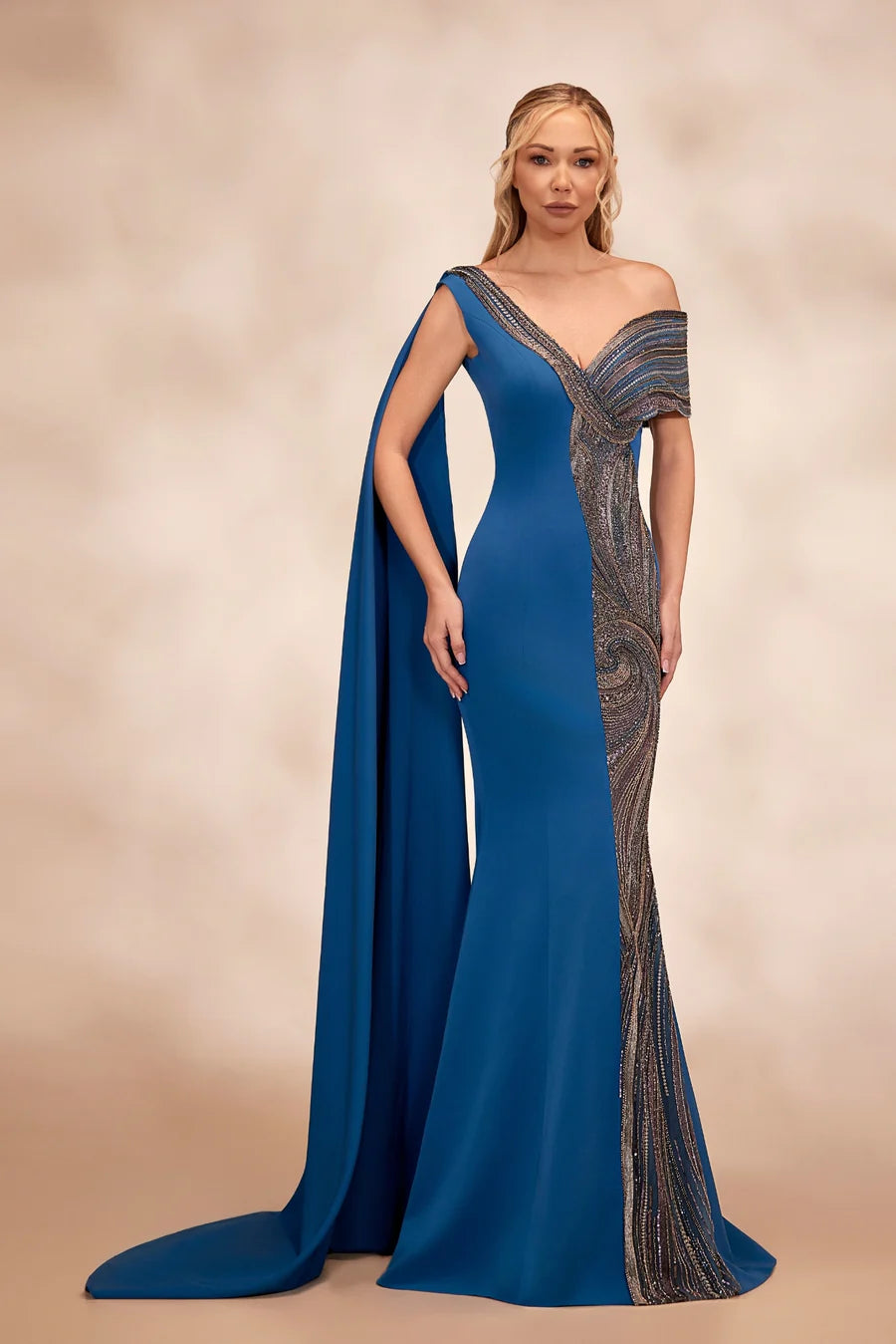 RTW19- Petrol one-shoulder dress with beaded drape across the neckline - FOSTANI.com